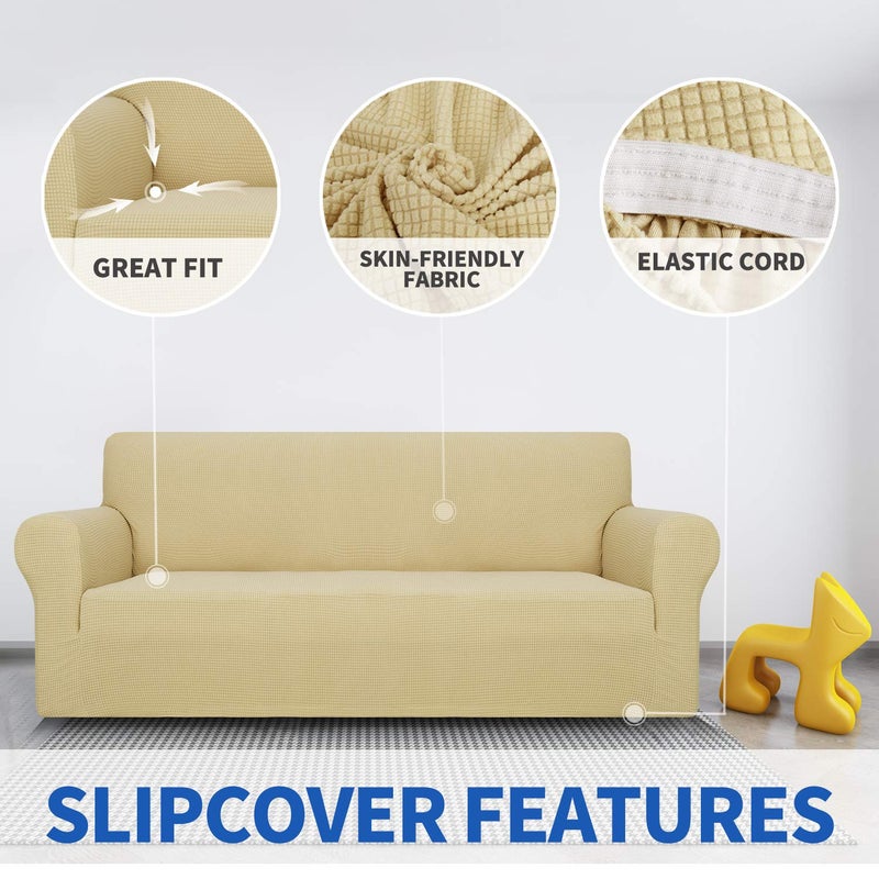 MAXIJIN Super Stretch Couch Cover for 3 Cushion Couch, 1-Piece Universal Sofa Covers Living Room Jacquard Spandex Furniture Protector Dogs Pet Friendly Fitted (Large, Beige) - Image 3